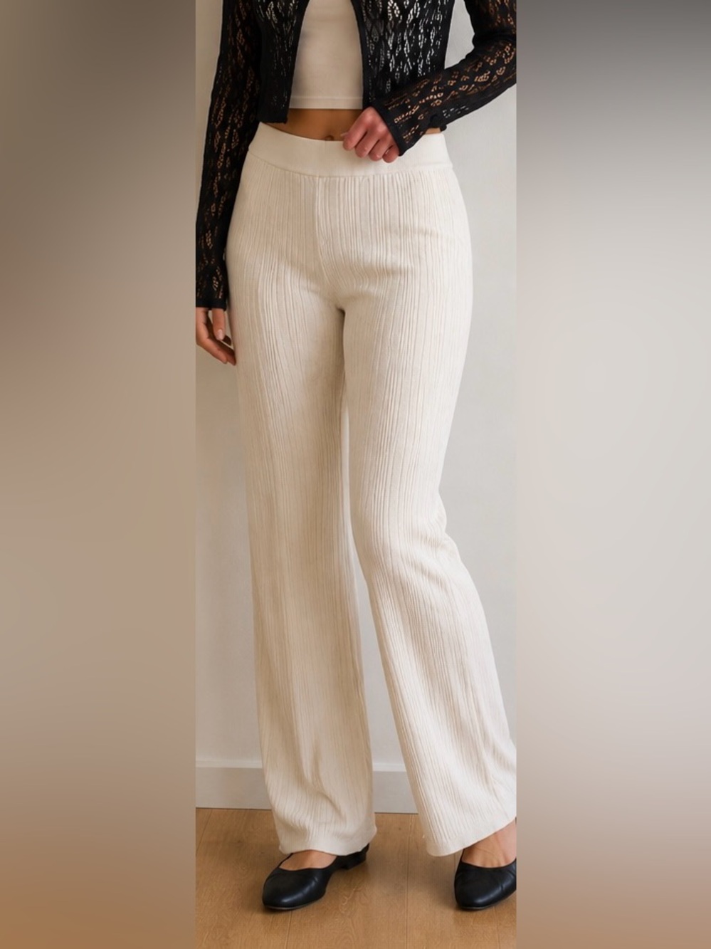 Zara Cream Ribbed Wide-Leg Pants